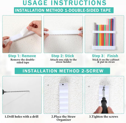 Baderke Straw Holder for Cabinet Reusable Straw Organizer with Double Sided Adhesive Tape Screws Storage Container for Kitchen Counter Cupboard(White,Classic)