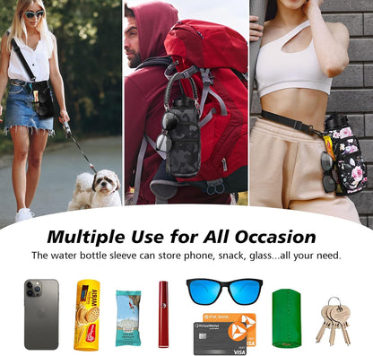AceTreker 32/40/64/87/128 oz Water Bottle Carrier Bag, Neoprene Water Bottle Sleeve with 4 Pocket, Sport Water Holder with Paracord Handle and Shoulder Strap for Walking Hiking Camping Gym