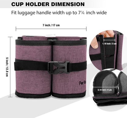 Perilogics Luggage Travel Cup Holder Hands Free Drink Caddy for Suitcase Handle. Perfect Airplane Travel Essential Accessory Gift for Frequent Traveler, Flight Attendant or with Children (Dark Gray)