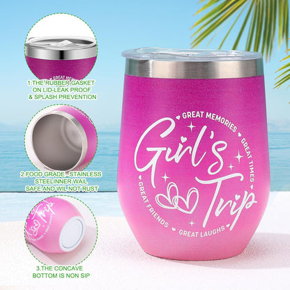 Ovveroche12 Pcs Girls Trip Gifts Set Include 4 Friends Wine Tumbler with Lid And Straw 12 Oz 4 Friends Cosmetic Bag 4 Keychains Bulk Friend Appreciation Gifts Set for Girls Weekend Bachelorette Travel