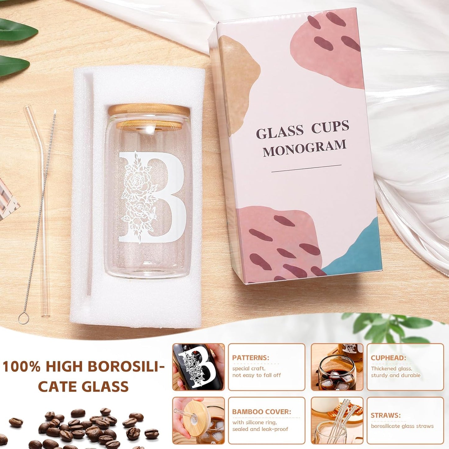 Glass Cups with Lids and Straws: Personalized Initial Glass Cup Be Used As Reusable Iced Coffee Cups with Lids,Cute Matcha Tumbler - The Christmas/Birthday Gifts for Women - M Smoothie Cup