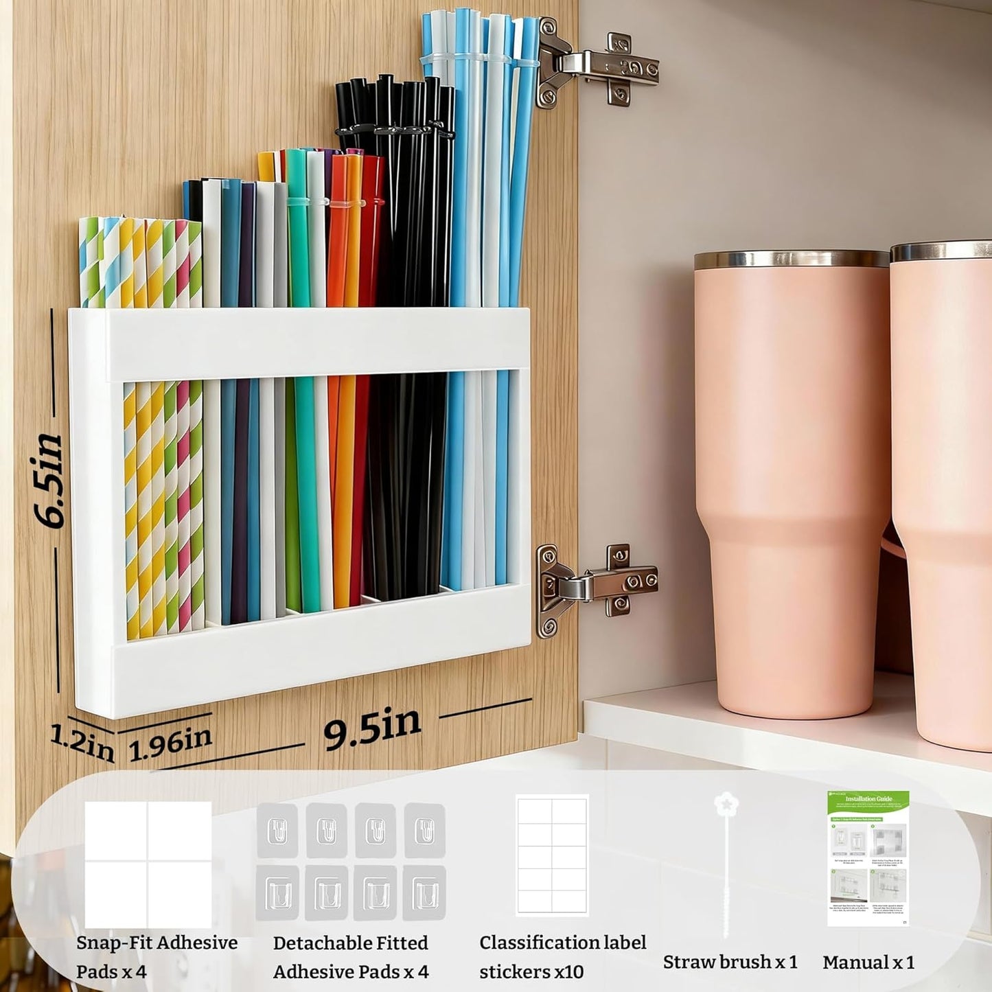9.5” Large Acrylic Straw Holder for Cabinet Door with Detachable Ultra Sticky Adhesive Squares and Stickers, 2026 Reusable Straws Organizer Storage Dispenser for Kitchen Counter Cupboard