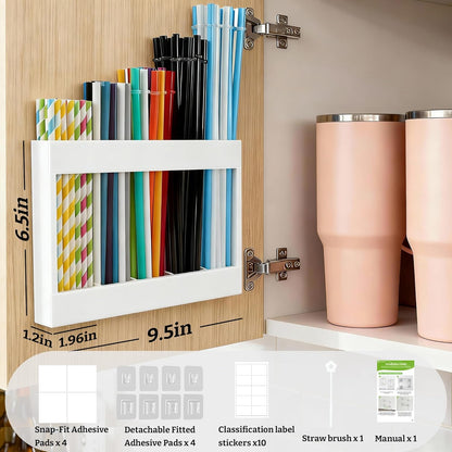 9.5” Large Acrylic Straw Holder for Cabinet Door with Detachable Ultra Sticky Adhesive Squares and Stickers, 2026 Reusable Straws Organizer Storage Dispenser for Kitchen Counter Cupboard