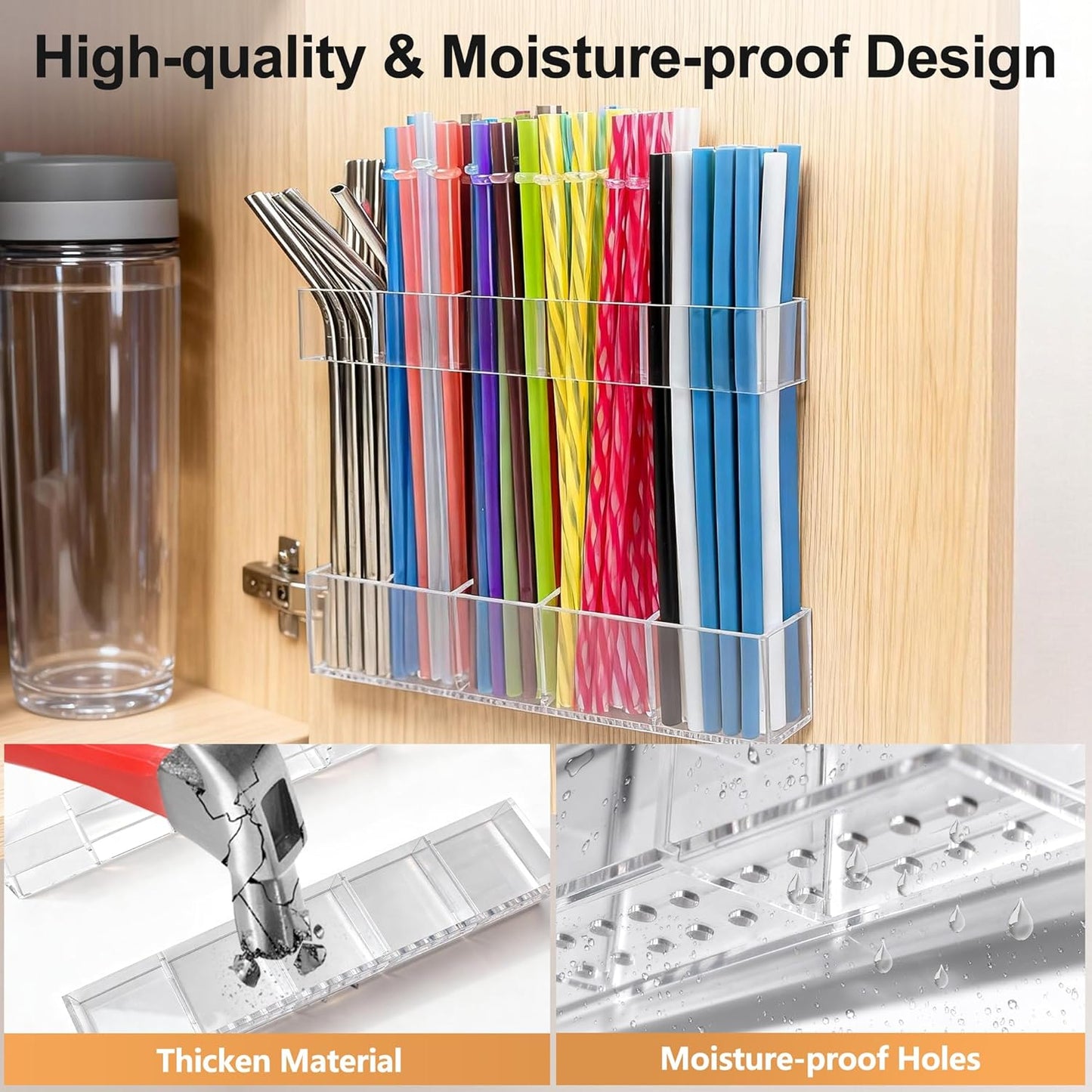 9.5” Large Acrylic Straw Holder for Cabinet Door, Reusable Adjustable Two-Part Straws Organizer with Ultra Sticky Adhesive Strips, 2026 Straw Storage for Kitchen Cupboard (Transparent)