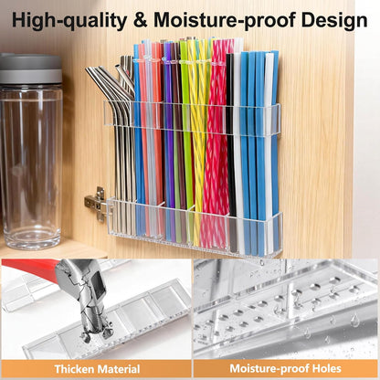 9.5” Large Acrylic Straw Holder for Cabinet Door, Reusable Adjustable Two-Part Straws Organizer with Ultra Sticky Adhesive Strips, 2026 Straw Storage for Kitchen Cupboard (Transparent)