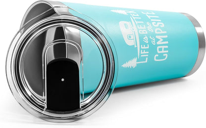 Camco Life is Better at The Campsite Tumbler | Heavy Duty Double Wall Vacuum Insulation | Crafted of 18/8 Stainless Steel | Unique “Life is Better at The Campsite” Design on Cool Blue | 20-oz (53057)
