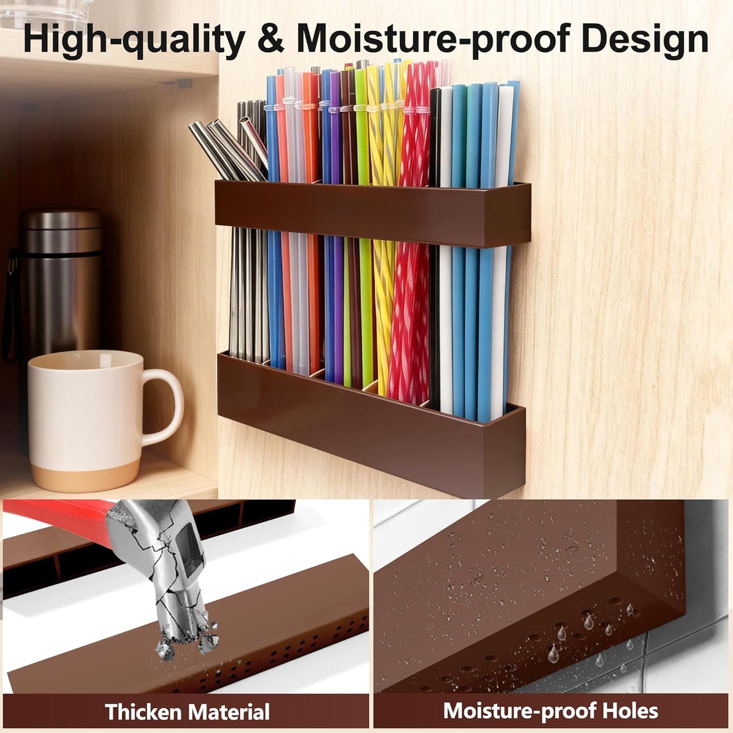 9.5” Large Acrylic Straw Holder for Cabinet Door, Reusable Adjustable Two-Part Straws Organizer with Ultra Sticky Adhesive Strips, 2026 Straw Storage for Kitchen Cupboard (Transparent)