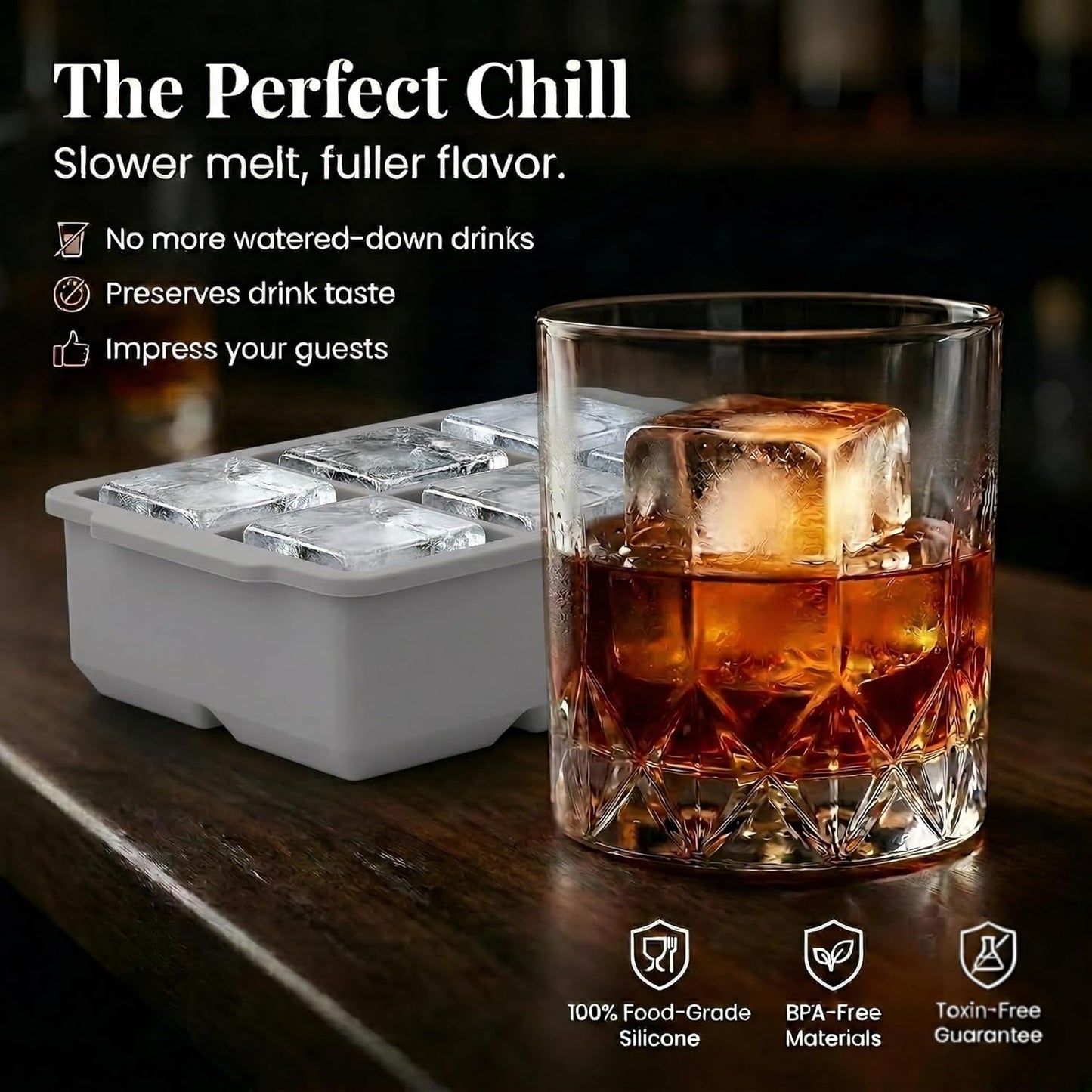 KitchFort Large Silicone Ice Cube Tray (2-Pack), Easy Release 2" Big Ice Cubes - Cocktail, Whiskey Ice Cubes Mold - Ice Trays for Freezer with Lid - Stackable Silicone Ice Tray - Black