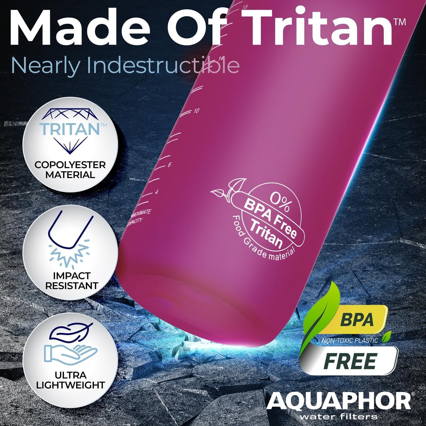 Nakii Filtered Water Bottle, Leakproof, BPA-Free, Motivational Markings, Travel, Everyday Use. 40-Gallon Filter, Replaces 300 Plastic Water Bottles. Includes 1 Filter, 22 FL Oz, Grey by Aquaphor