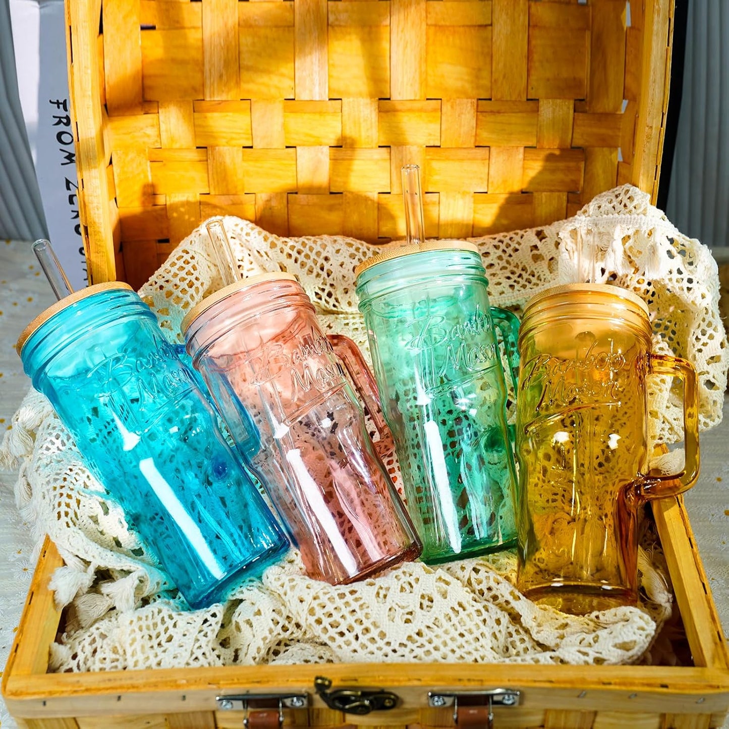 ANOTION Bamboo Mason Leakproof Mason Jar Cups with Lids and Straws, Cap Cup 24oz Glass Tumbler with Handle, Rotating Lid Silicone Straw, Reusable Iced Coffee Matcha Cup Coffee Gifts for Women 2pc