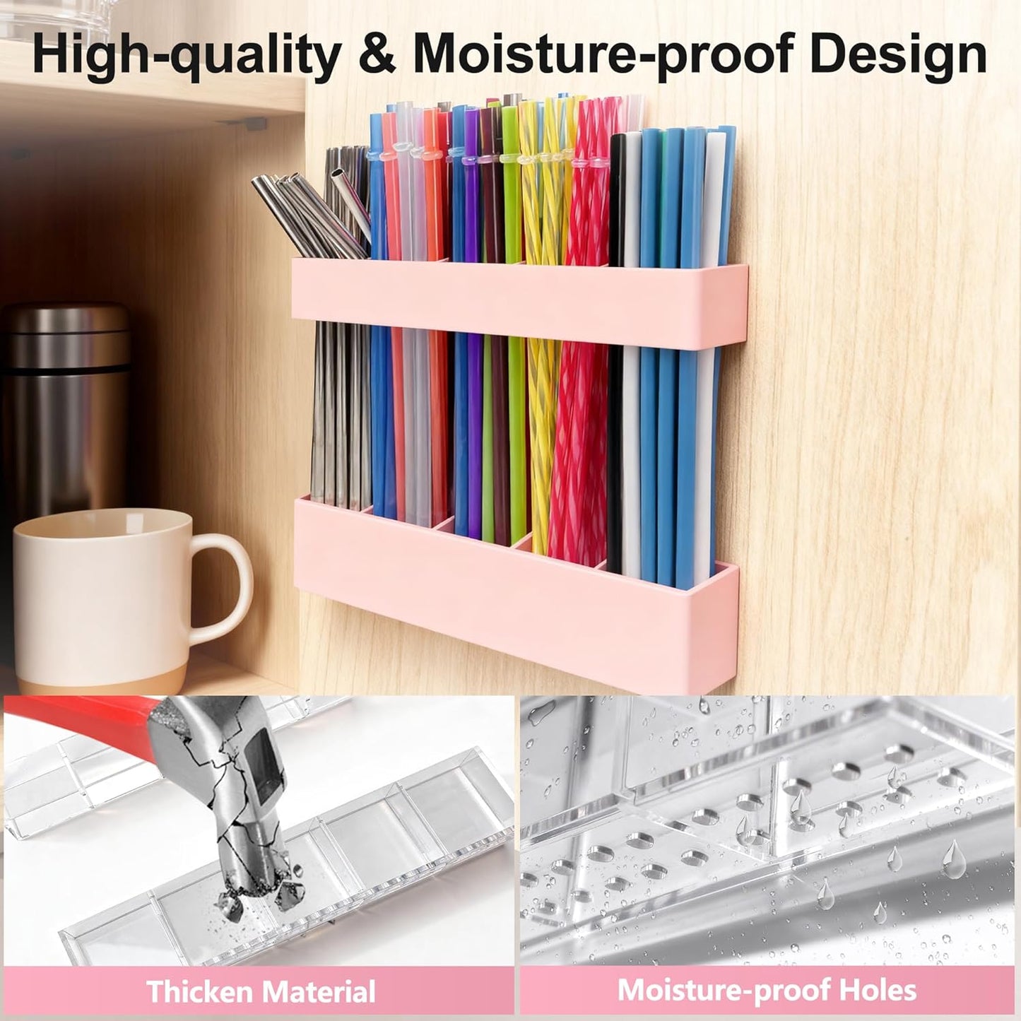 9.5” Large Acrylic Straw Holder for Cabinet Door, Reusable Adjustable Two-Part Straws Organizer with Ultra Sticky Adhesive Strips, 2026 Straw Storage for Kitchen Cupboard (Transparent)
