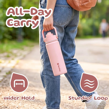 KEWIXY Kids Water Bottle for School, Easy Slide Lid, Leak Proof, Keep Cold 24H, Vacuum Insulated Tumbler, Metal Stainless Steel with Straw and Handle, for Boys&Girls (18OZ, Candy Pink)
