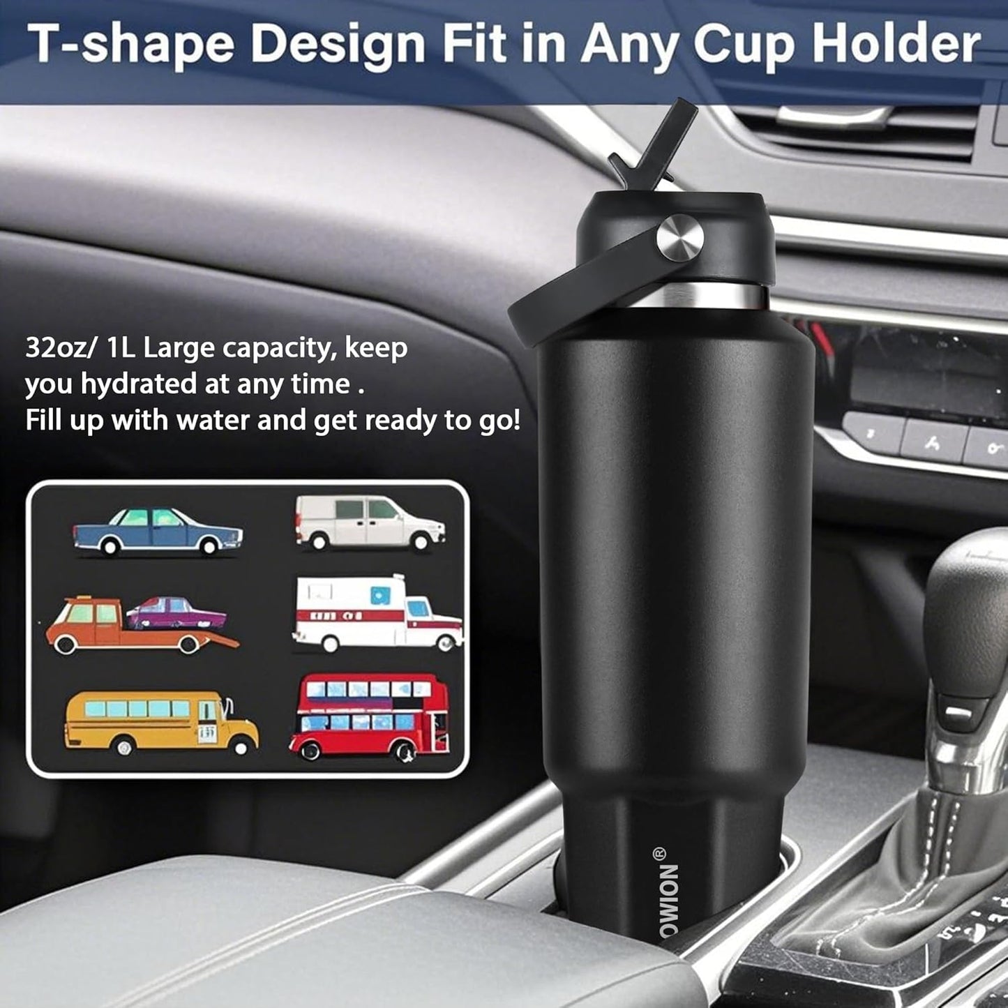 HYDROWION 32oz Stainless Steel Water Bottle(Cold for 48 Hrs, Hot for 24 Hrs),Double Wall Vacuum Insulated Water Bottle with Straw Lid, Spout Lid and Flex Cap, Fit in Any Car Cup Holder,Black