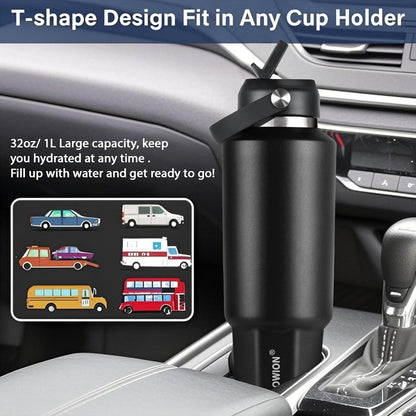 HYDROWION 32oz Stainless Steel Water Bottle(Cold for 48 Hrs, Hot for 24 Hrs),Double Wall Vacuum Insulated Water Bottle with Straw Lid, Spout Lid and Flex Cap, Fit in Any Car Cup Holder,Black
