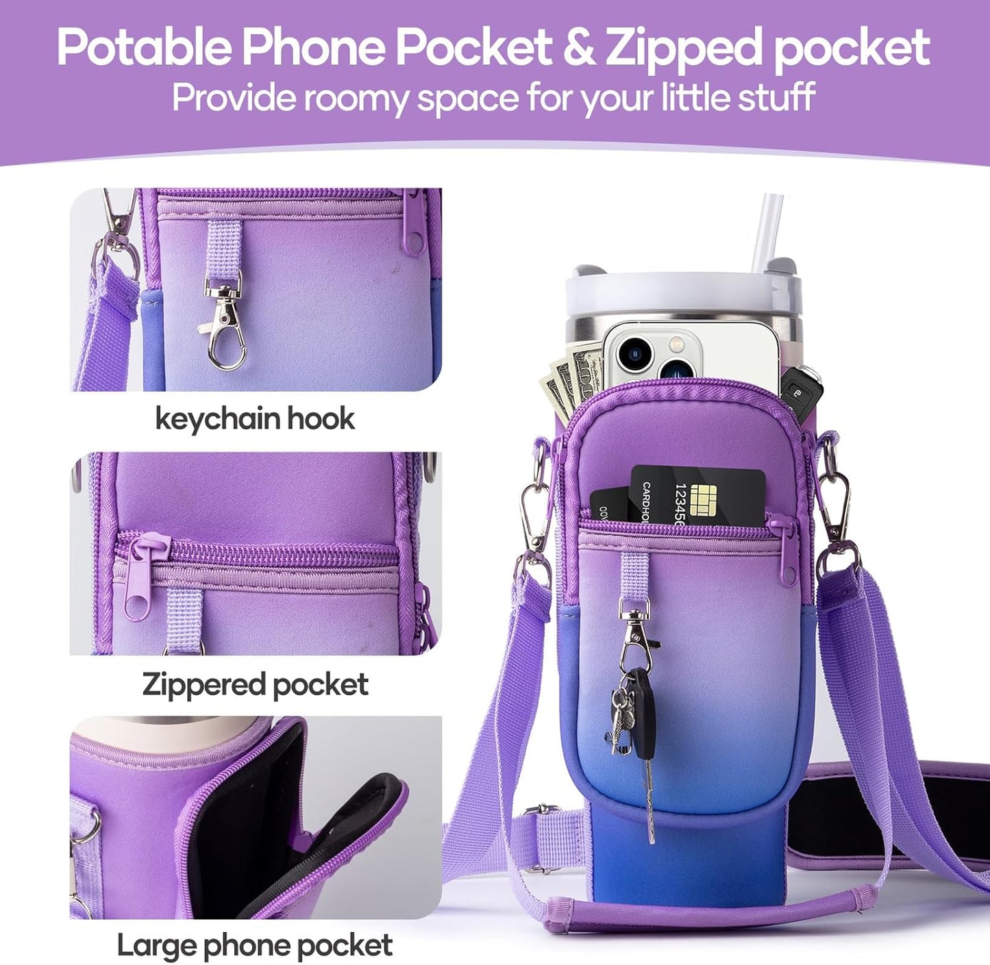 linmaya Water Bottle Carrier Bag for Stanley Cup 40/30oz with Phone Holder Pockets,Neoprene Water Bottle Cross-body Bag with Adjustable Shoulder & Hand Strap Stanley Cup Accessories