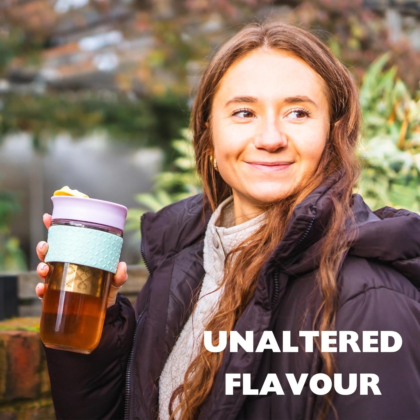 Travel Mug Loose Tea Infuser - Detachable Tea Strainer with Spillproof Lid - BPA-Free Reusable Glass Travel Coffee Cup with Silicone Band (Ice Cream, 12oz)