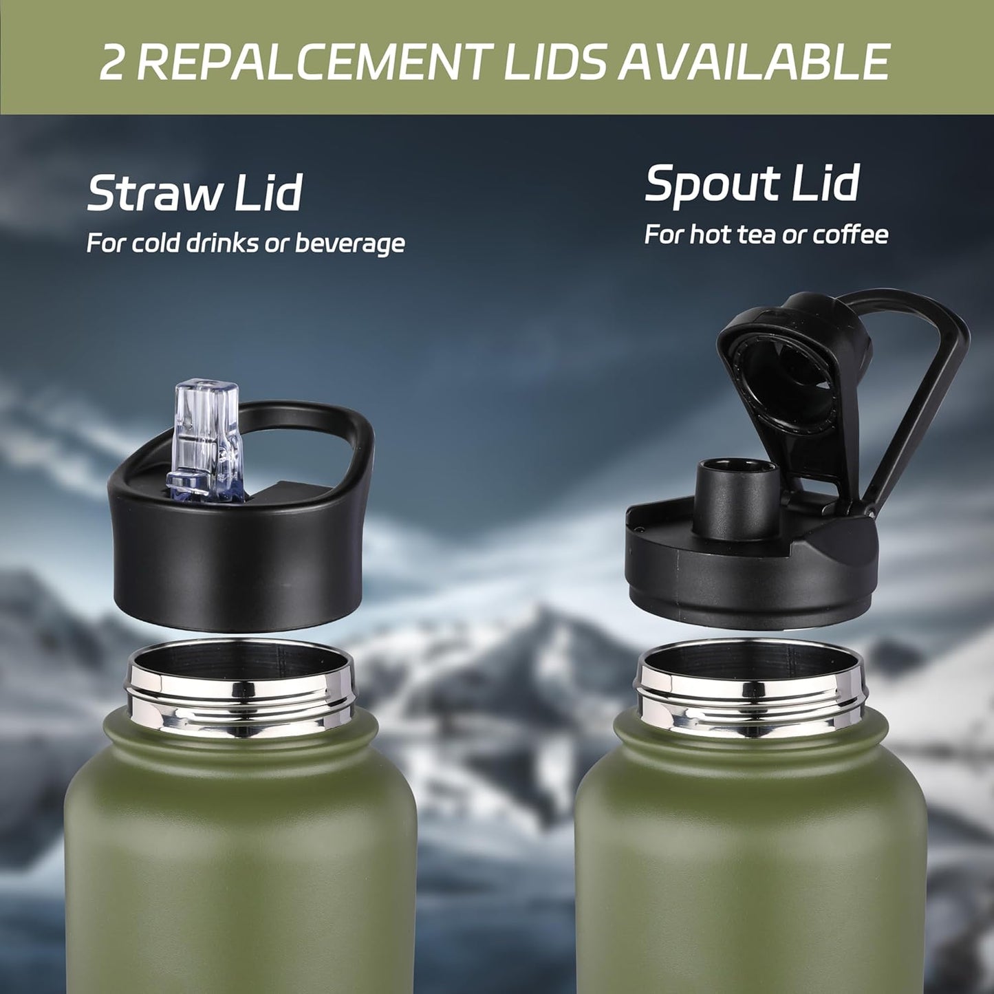 HASLE OUTFITTERS 32 oz Insulated Water Bottle Stainless Steel Double Walled Vacuum Sports Water Bottle with 2 Lids (Straw and Spout Lid) for Gym Camping Hiking(Black,1)