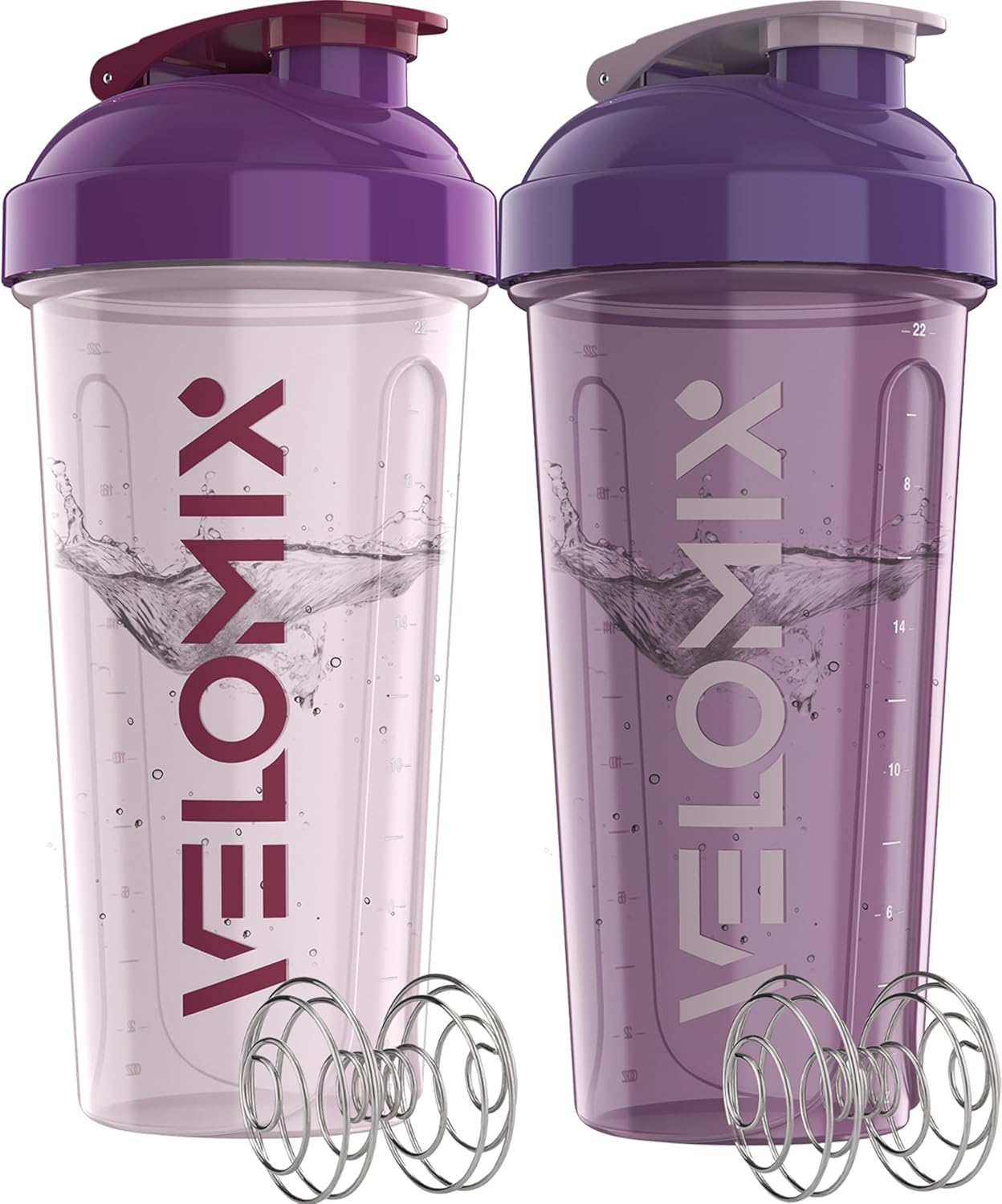 VELOMIX -2 Pack- 28 oz Protein Shaker Bottles for Protein Mixes - 2x Wire Whisk | Leak Proof Shaker Cups for Protein Shakes | Protein Shaker Bottle Pack (Black/Transparent)