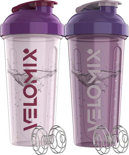VELOMIX -2 Pack- 28 oz Protein Shaker Bottles for Protein Mixes - 2x Wire Whisk | Leak Proof Shaker Cups for Protein Shakes | Protein Shaker Bottle Pack (Black/Transparent)