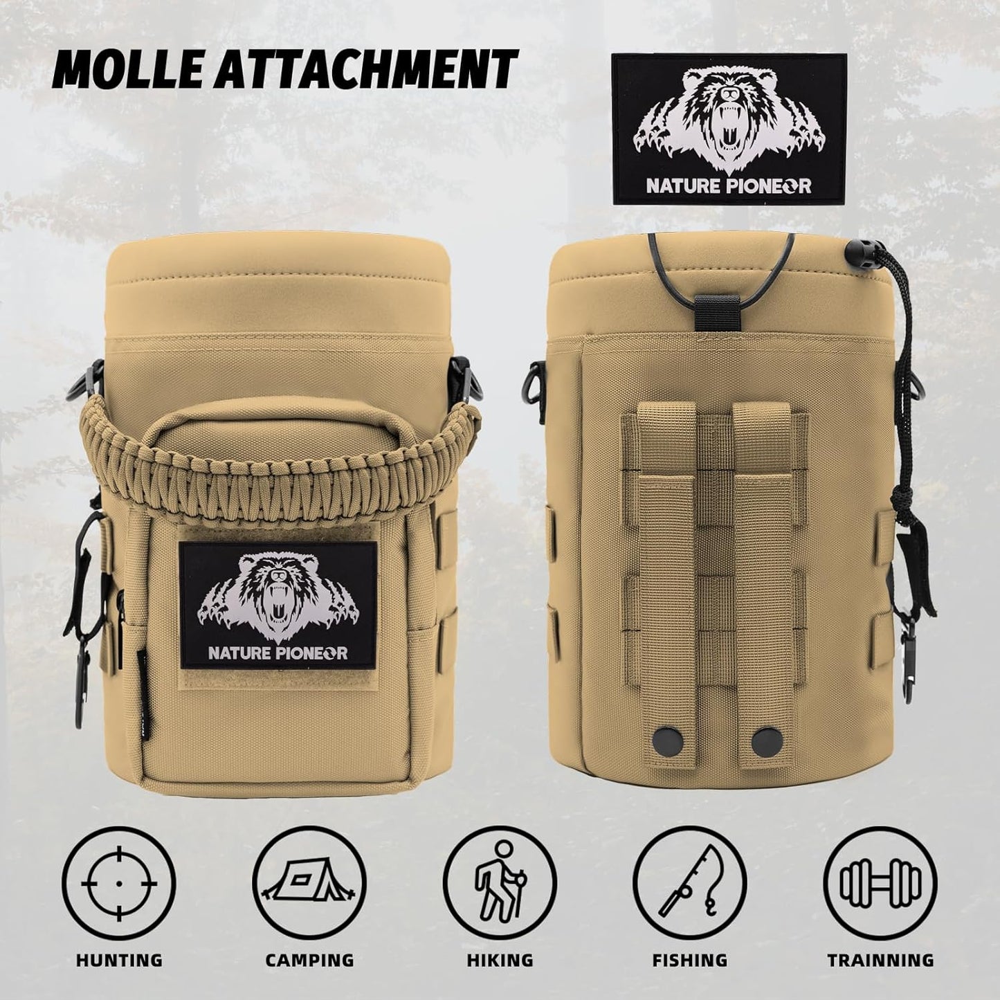 NATURE PIONEOR 32 64 128oz Tactical Water Bottle Pouch, Multi-Function Tactical Water Bottle Bag with Adjustable Shoulder Strap, Half/One Gallon Molle Strap Carrier Holder