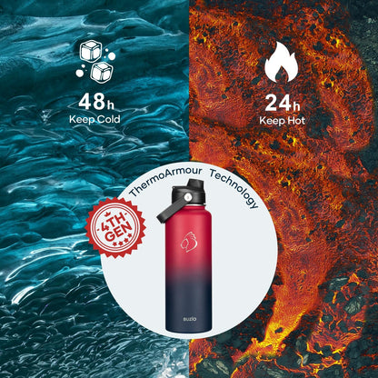 BUZIO 40oz Insulated Water Bottle, Triple Wall Vacuum Stainless Steel Water Flask with 2 lids, Lead-Free BPA-Free Straw Lid Sports Canteen Jug, Cold 48H & Hot 24H- Black - Colors B