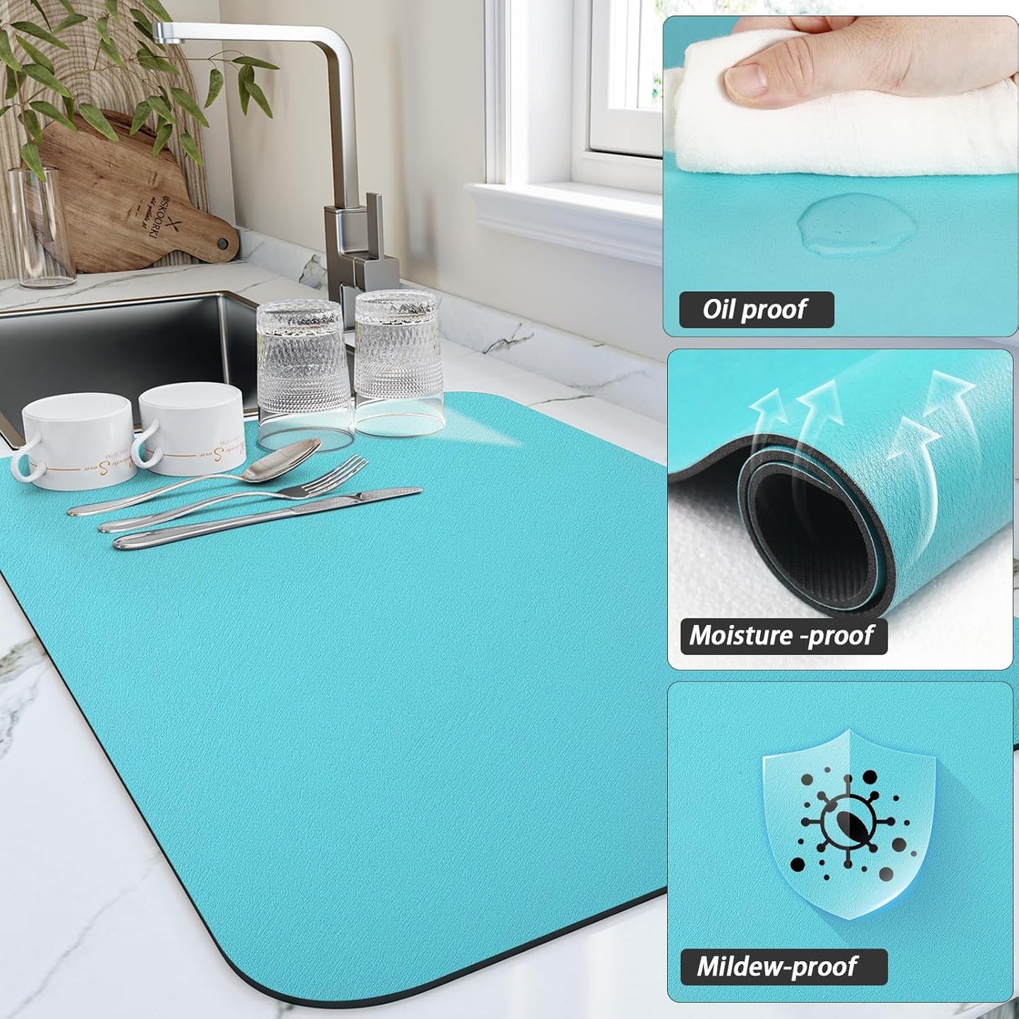 HotLive Dish Drying Mat for Kitchen Counter, Heat Resistant Drainer Mats with Non-slip Rubber Backed, Hide Stain Kitchen Super Absorbent Draining Mat, Easy to Clean Dish Rack Pad, Dark Grey 16"x18"