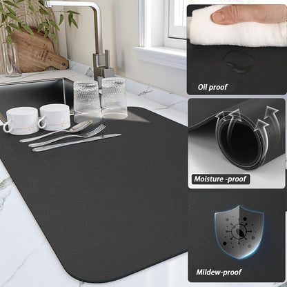 HotLive Dish Drying Mat for Kitchen Counter, Heat Resistant Drainer Mats with Non-slip Rubber Backed, Hide Stain Kitchen Super Absorbent Draining Mat, Easy to Clean Dish Rack Pad, Dark Grey 16"x18"