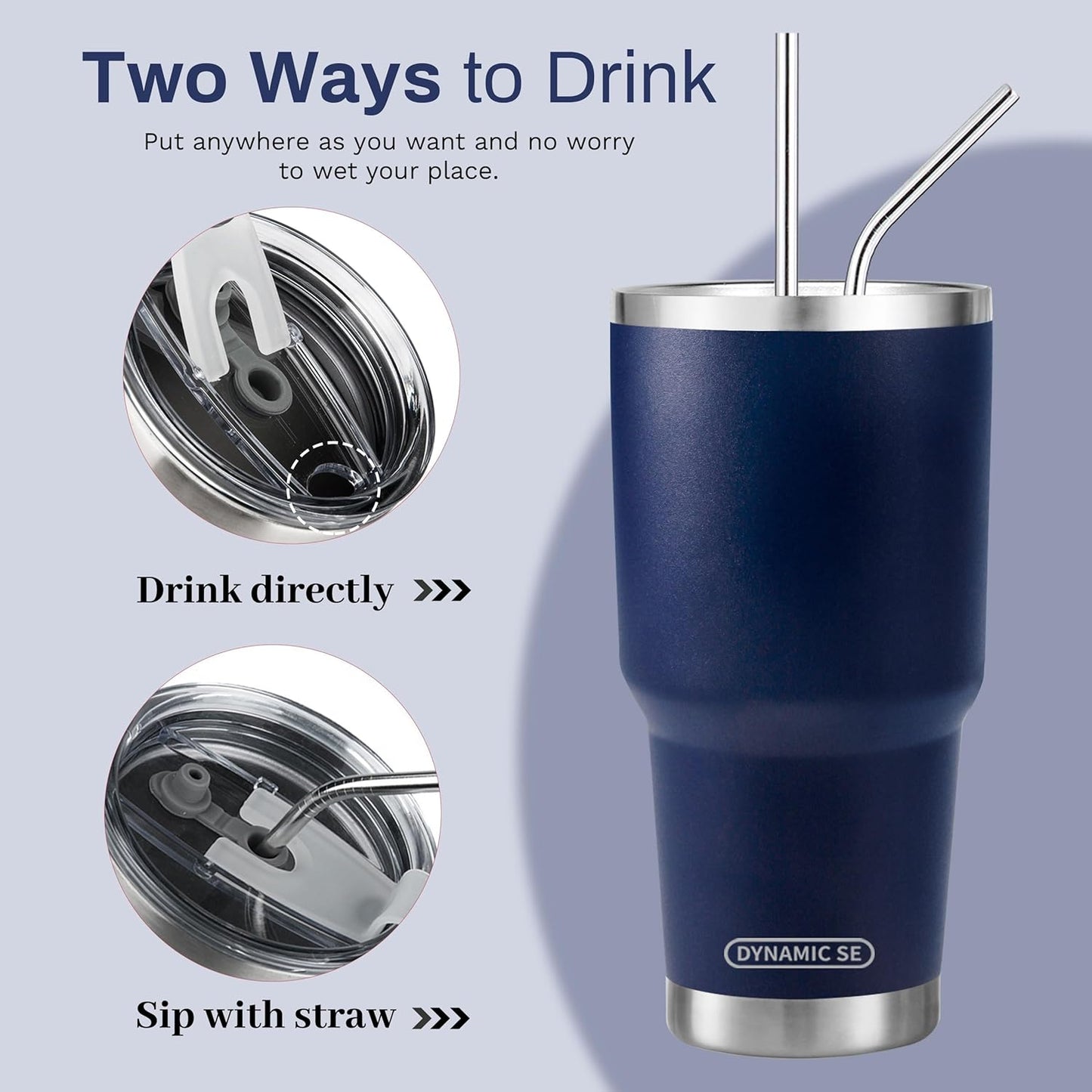 D·S 30oz Blue Tumbler Stainless Steel Double Wall Vacuum Insulated Mug with Straw and Lid, Cleaning Brush for Cold and Hot Beverages
