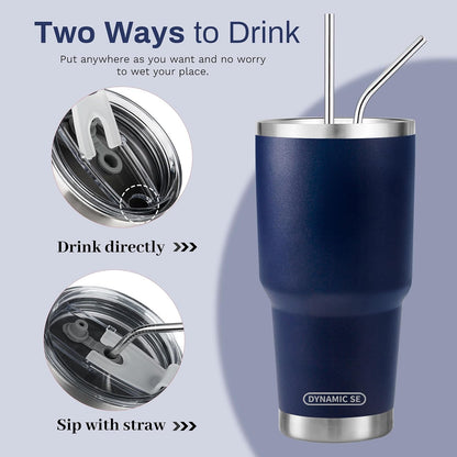 D·S 30oz Blue Tumbler Stainless Steel Double Wall Vacuum Insulated Mug with Straw and Lid, Cleaning Brush for Cold and Hot Beverages