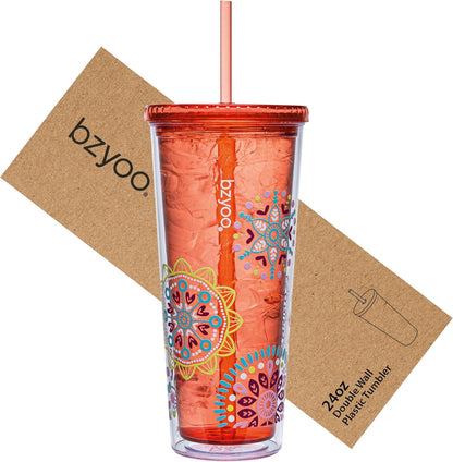 bzyoo SIP 24oz (710ml) Double Wall Plastic Tumbler with Lid and Straw Cold Drink Travel Mug Reusable Party Cup Perfect for Office Ice Coffee or Tea and Gift Color: Pink & Purple