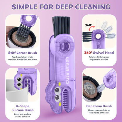Cup Lid Cleaning Brush, 3 in 1 Lid Cleaner for Tumblers and Water Bottles, Gap Cleaning Brush with Straw Hole Detail Tool, Multifunctional Brush for Daily Use (Pink Purple)