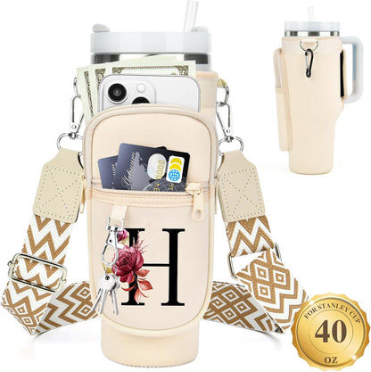 LOKASS Personalized Water Bottle Holder with Strap for Stanley Cup Accessories 40 oz, Initial for Stanley Cup Holder Carrier Bag with Phone Pocket, Stylish Tumbler Accessories for Daily Use Hands-Free