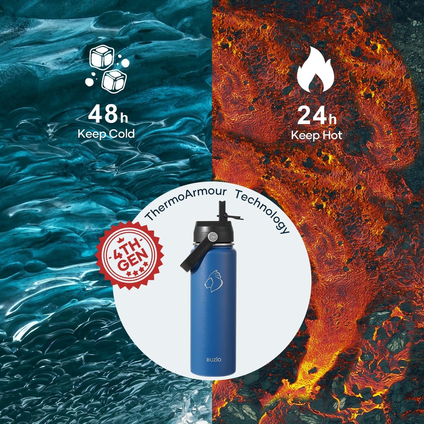 BUZIO 40oz Insulated Water Bottle, Triple Wall Vacuum Stainless Steel Water Flask with 2 lids, Lead-Free BPA-Free Straw Lid Sports Canteen Jug, Cold 48H & Hot 24H- Black - Colors B
