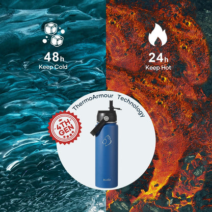 BUZIO 40oz Insulated Water Bottle, Triple Wall Vacuum Stainless Steel Water Flask with 2 lids, Lead-Free BPA-Free Straw Lid Sports Canteen Jug, Cold 48H & Hot 24H- Black - Colors B