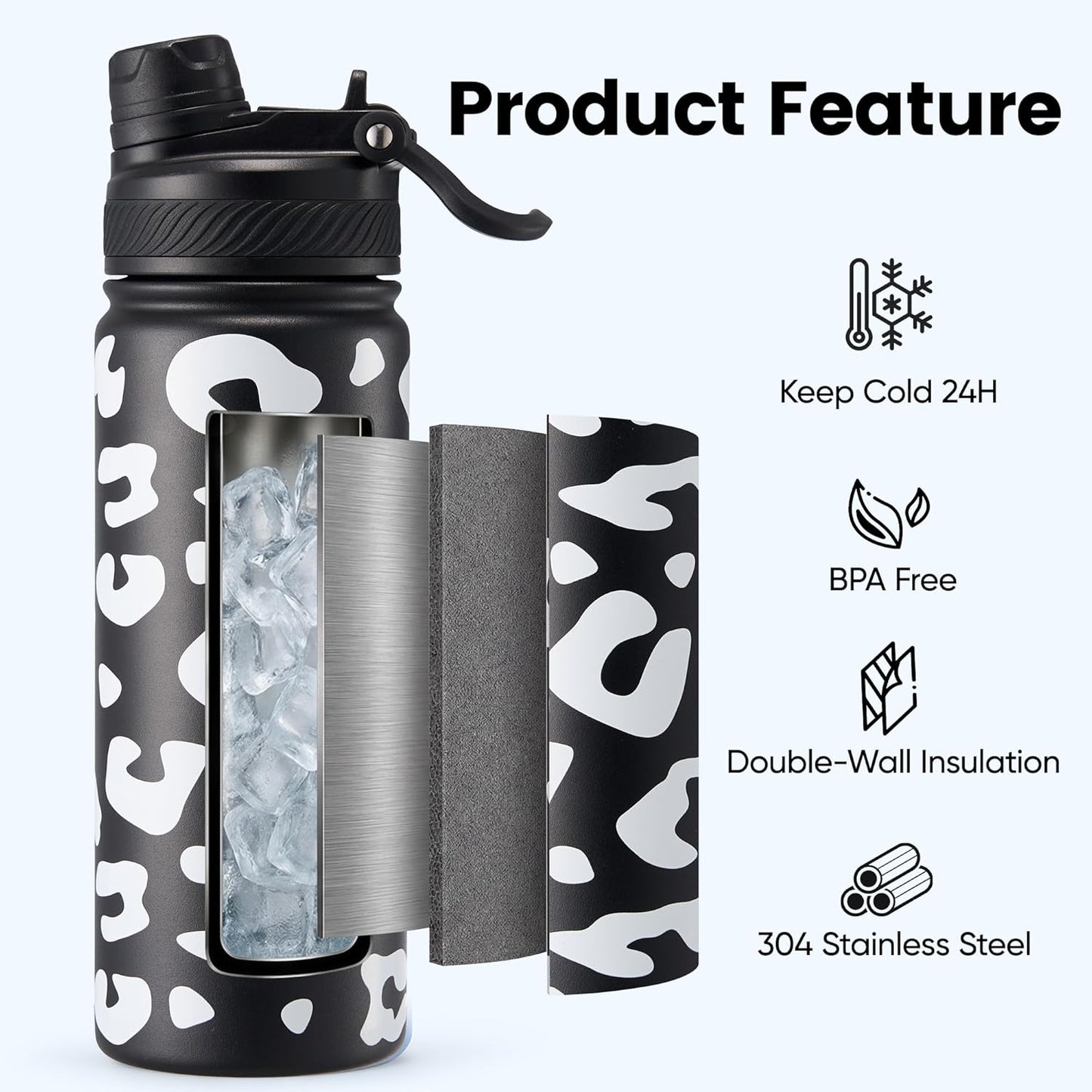 Fijinhom 18 oz Insulated Water Bottle, 2-in-1 Straw and Spout Lid Stainless Steel Thermos, Leak-Proof, Double Wall Vacuum Flask, Keep Cold 24H for Outdoor, Sports, Travel, School (Black)
