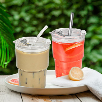 15 oz Plastic Matcha Iced Coffee Cups with Lids and Straws Set of 2, Unbreakable Drinking Glasses Reusable Iced Coffee Glass to Go Cup for Tea Smoothie Juice Cup Dishwasher Safe