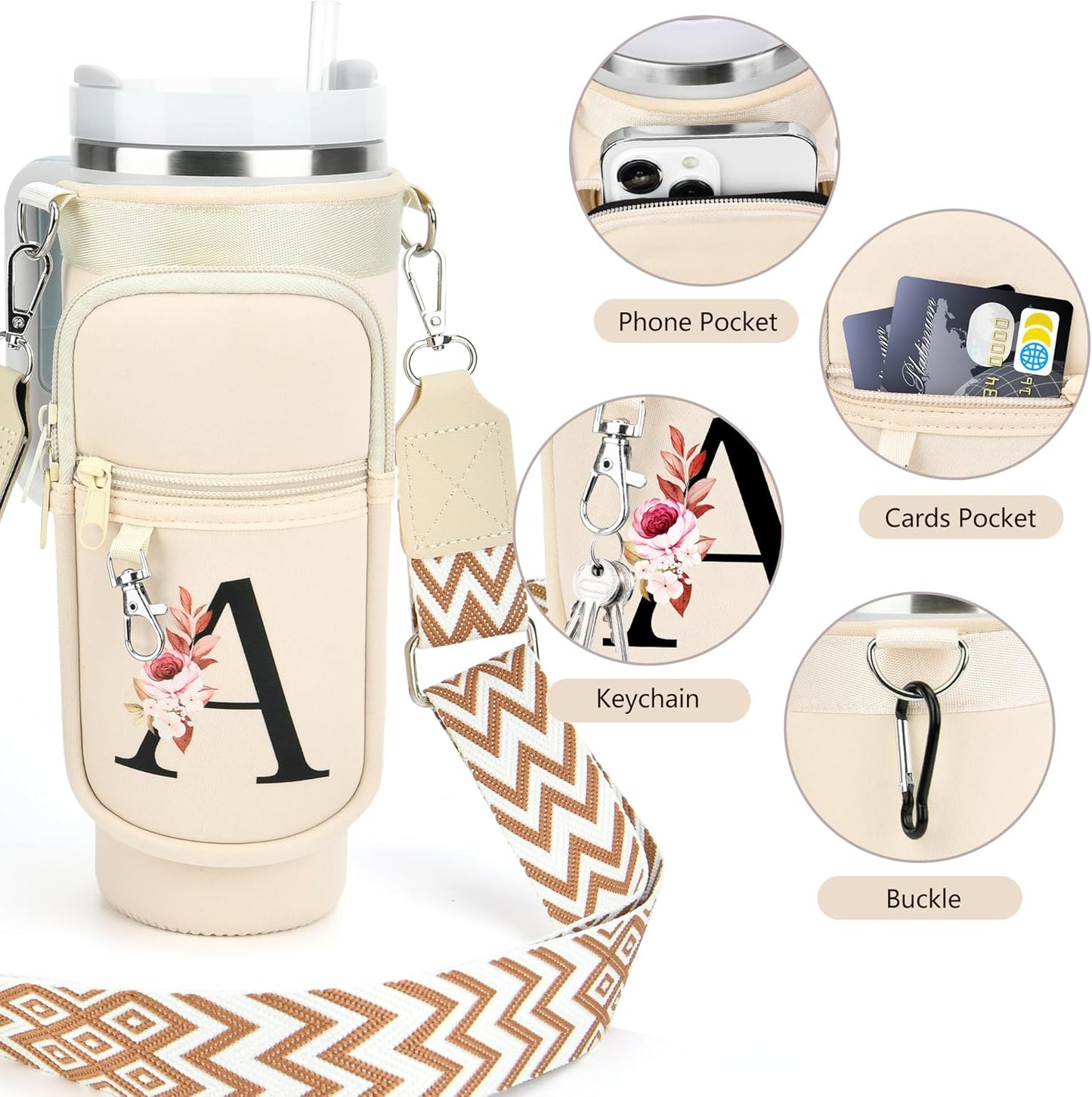 LOKASS Personalized Water Bottle Holder with Strap for Stanley Cup Accessories 40 oz, Initial for Stanley Cup Holder Carrier Bag with Phone Pocket, Stylish Tumbler Accessories for Daily Use Hands-Free