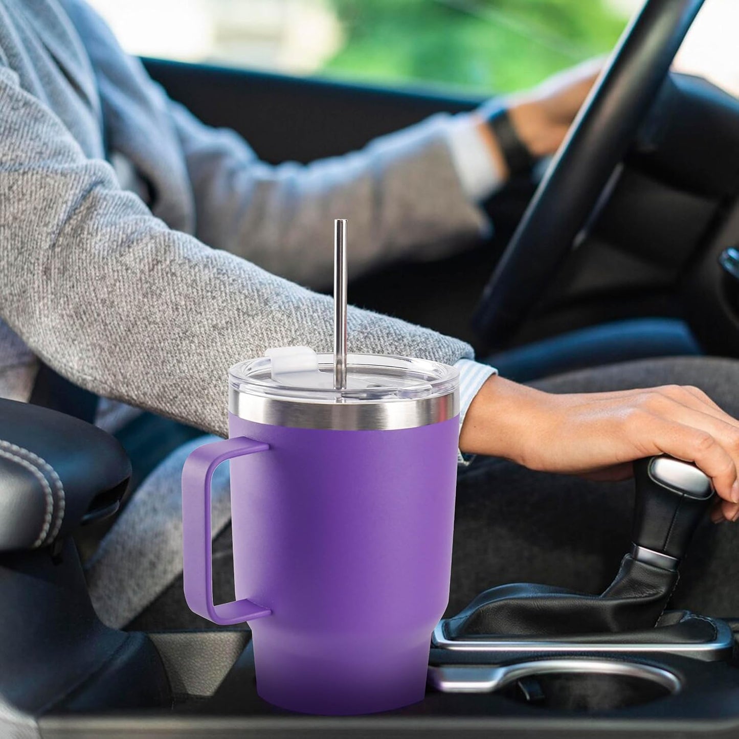 30 oz Tumbler With Handle, Double Wall Stainless Steel Vacuum Insulated Travel Mug with Splash-Proof Lid Metal Straw and Brush (Cream)