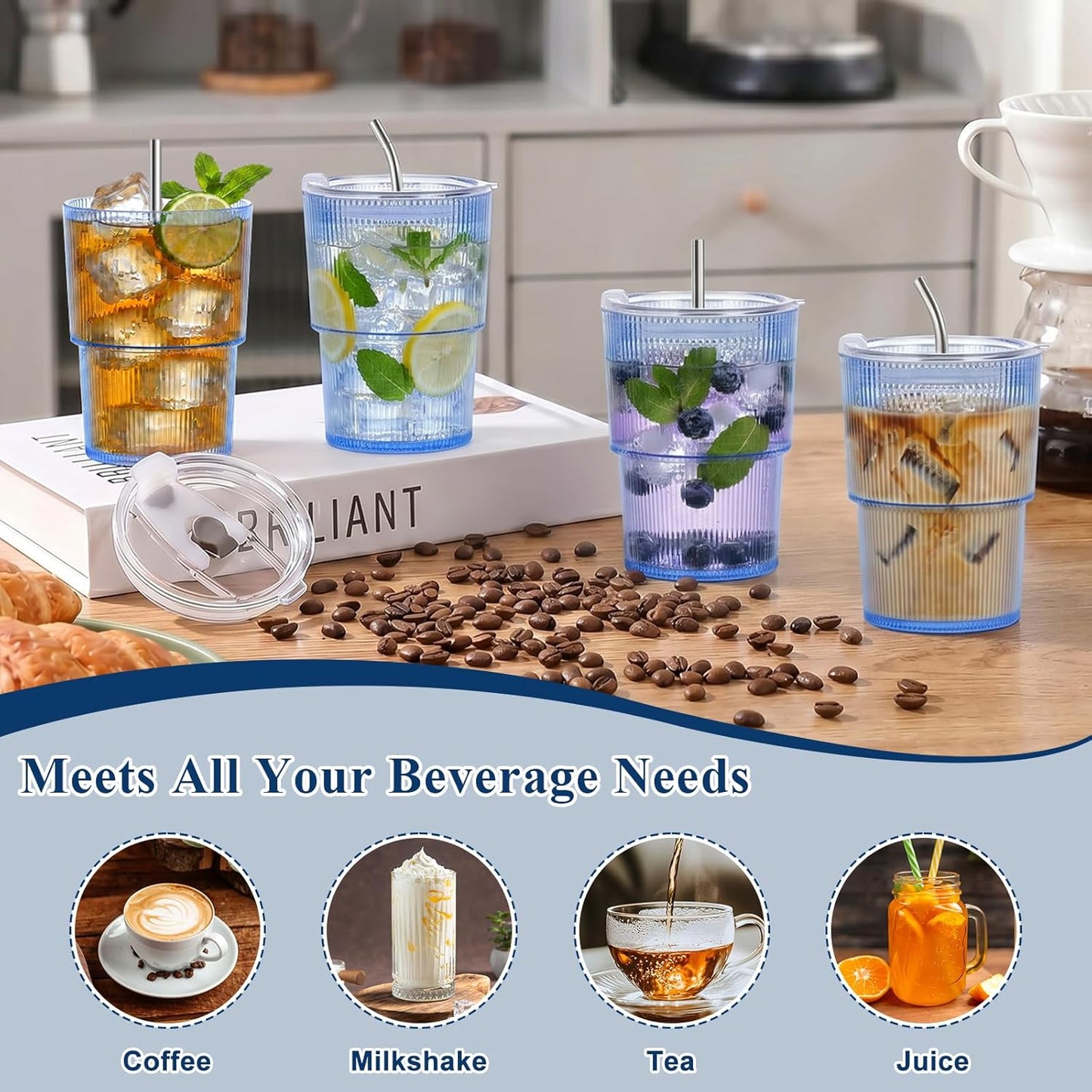 4 Pcs 20oz Plastic Ribbed Tumblers with Lid and Straws Blue Plastic Reusable Iced Coffee Cups with Lid Unbreakable Vintage Ribbed Drinking Glasses Tumbler for Juice Smoothie Beverage with Clean Brush