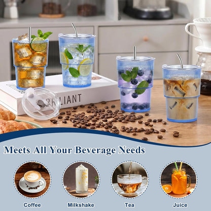 4 Pcs 20oz Plastic Ribbed Tumblers with Lid and Straws Blue Plastic Reusable Iced Coffee Cups with Lid Unbreakable Vintage Ribbed Drinking Glasses Tumbler for Juice Smoothie Beverage with Clean Brush