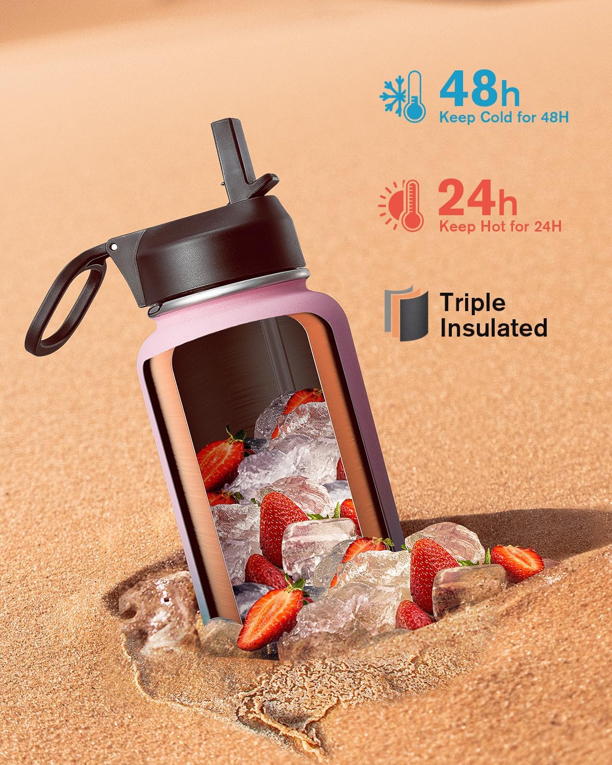 Half Gallon Water Bottle Insulated with Straw & 3 Lids, Coolflask 64 oz Water Jug Large Metal Stainless Steel Wide Mouth for Sports, Gym or Office, Non-BPA Keep Cold 48H Hot 24H, Samurai Cyan