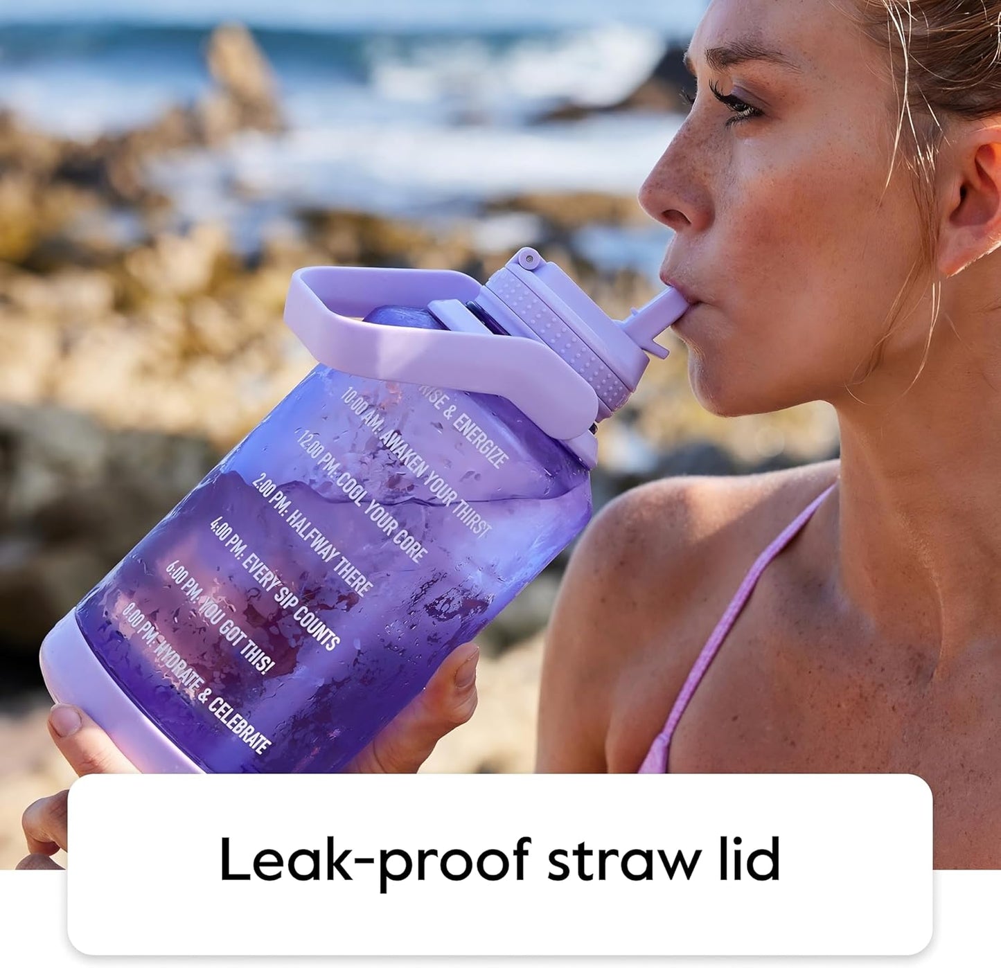 Takeya Motivational Water Bottle with Straw Lid and Time Marker (64 oz, Vivacity Purple) - Leakproof, BPA Free Water Bottle for Daily Intake Tracking