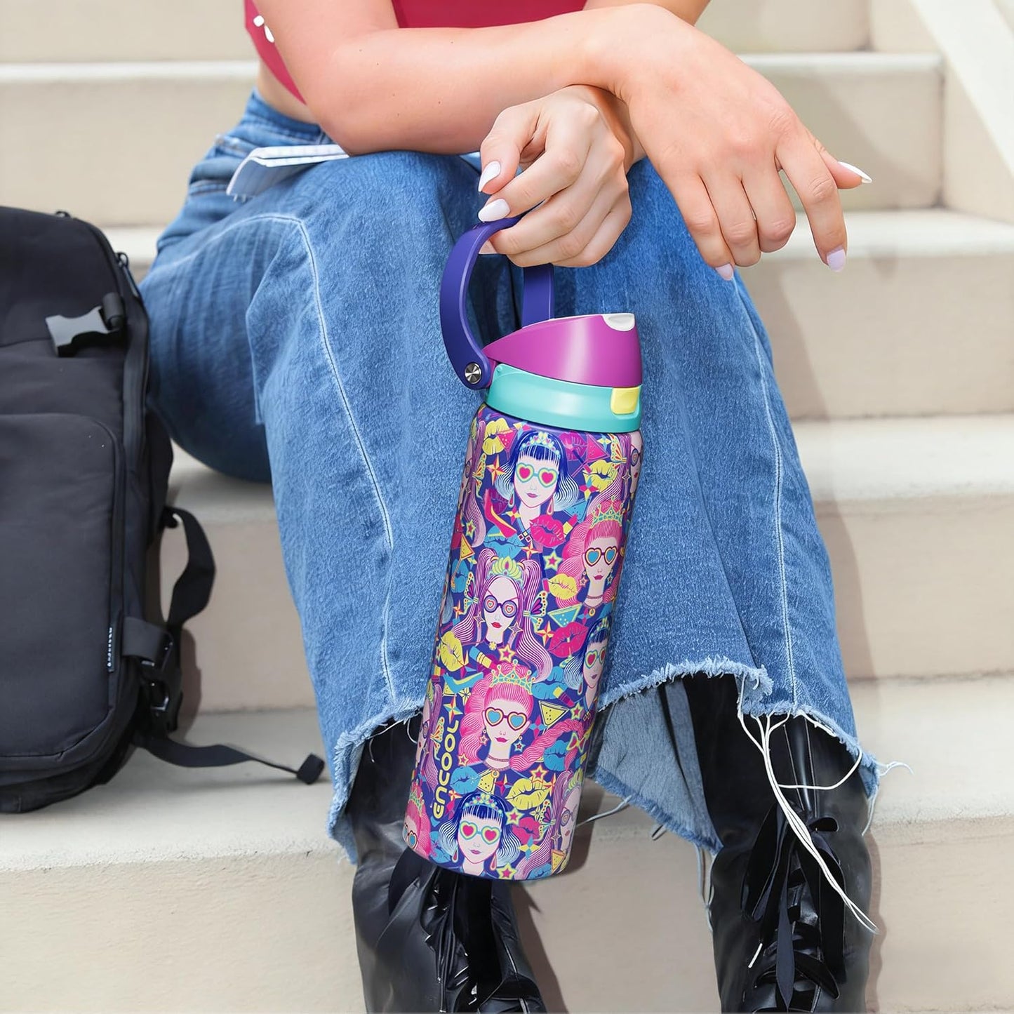 ENCOOL Leakproof Insulated Water Bottle with Straw Dual-Sip Water Bottle Bag-Safe Design for Work, Commute & Gym – Keeps Drinks Cold All Day, 24 oz, Lemonade Pink - Colors A