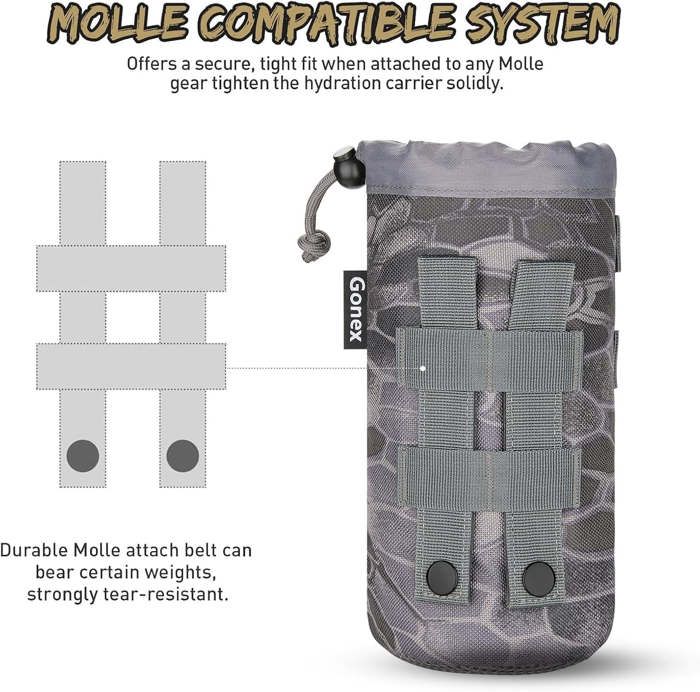 Gonex Tactical MOLLE Water Bottle Pouch, Drawstring Open Top & Mesh Bottom Travel Water Bottle Bag Hydration Carrier