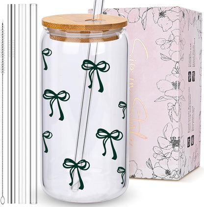 Coquette Cute Pink Bow Glass Cups with Lids and Straws, Aesthetic Iced Coffee Matcha Cup, Girly Preppy Design Tumbler Mug, Valentines Christmas Birthday Gifts for Women, Teen Girl Gifts Trendy Stuff