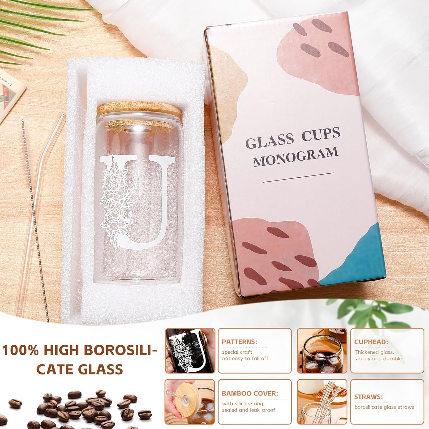 Glass Cups with Lids and Straws: Personalized Initial Glass Cup Be Used As Reusable Iced Coffee Cups with Lids,Cute Matcha Tumbler - The Christmas/Birthday Gifts for Women - M Smoothie Cup