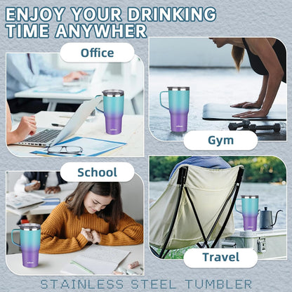 20 oz Insulated Coffee Mug with Ceramic Coating, Stainless Steel Travel Mug Tumbler with Handle Lid and Straw, Double Wall Leak-Proof Coffee Travel Mug Keeps Drink Hot and Cold (Black)