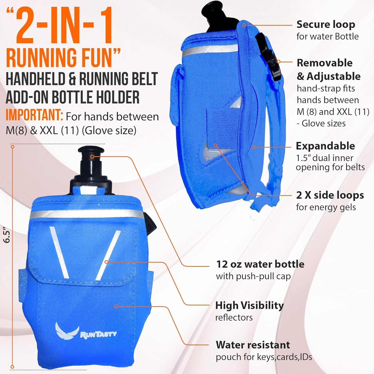 2-in-1 Running Fun: Handheld 12 Oz Water Bottle & Running Belt Add-On. No-Grip Design Straps on Hand & Slides on Belt. Waterproof Pocket for Money, Keys. Maximize Time, Freedom & Health