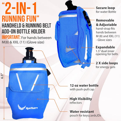 2-in-1 Running Fun: Handheld 12 Oz Water Bottle & Running Belt Add-On. No-Grip Design Straps on Hand & Slides on Belt. Waterproof Pocket for Money, Keys. Maximize Time, Freedom & Health