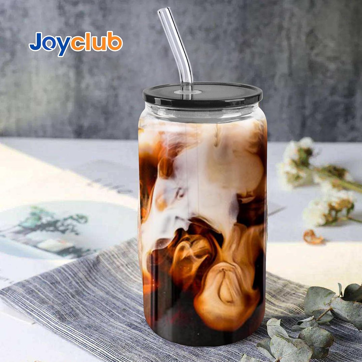 Joyclub 8pcs 16 oz Glass Cups with Acrylic Lids and Straws Can Shaped Iced Coffee Glasses Cute Tumbler Set Drinking Jars for Smoothie Soda Boba Beer Party Housewarming Gifts